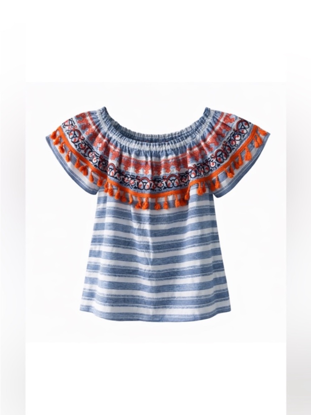 THML Blue & White Striped Off-Shoulder Embroidered Tassel Top XS